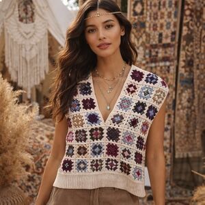 French Connection Multicolor Crochet 100% Wool Vest Granny Square Knit Boho